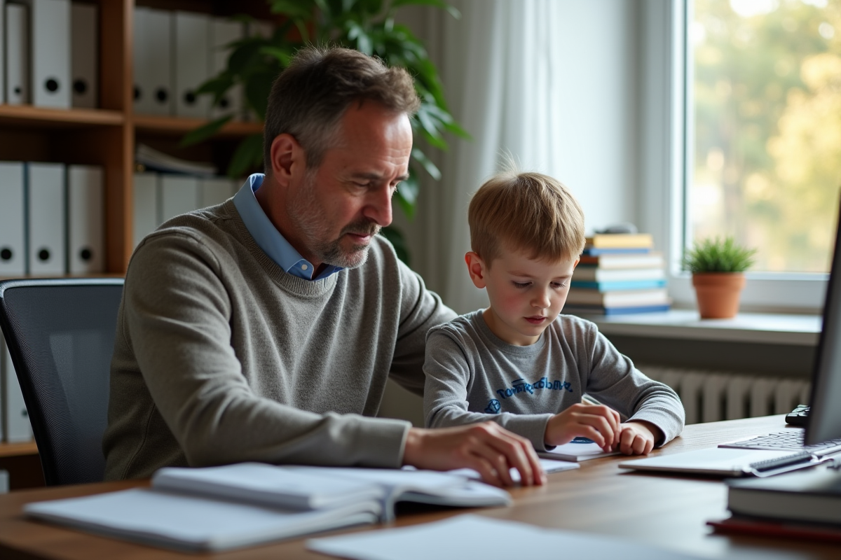 Pere et enfant travaillent ensemble sur une tablette à la maison