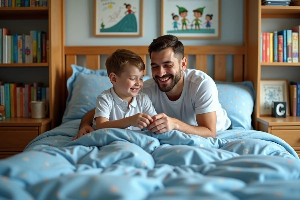 Père et jeune fils souriant sur le lit avec coussins Disney