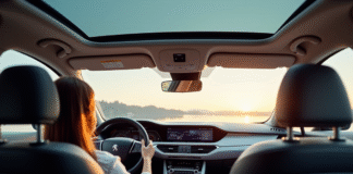 Personne relaxant dans une Peugeot 408 moderne avec toit panoramique