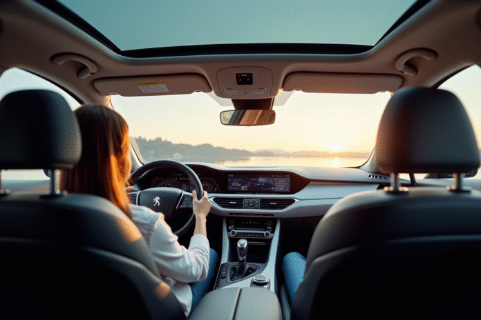 Personne relaxant dans une Peugeot 408 moderne avec toit panoramique