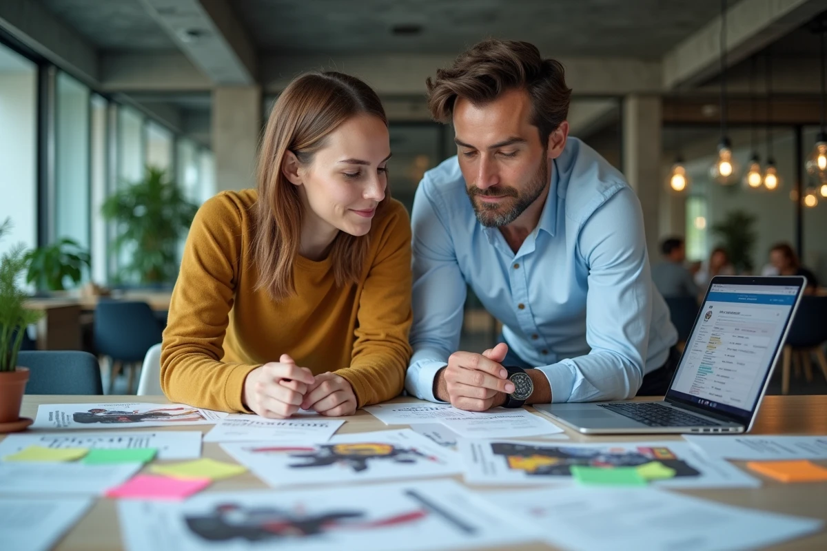 Deux joueurs planifiant leur stratégie de compte Monopoly Tycoon Club saison 2026 en espace de coworking