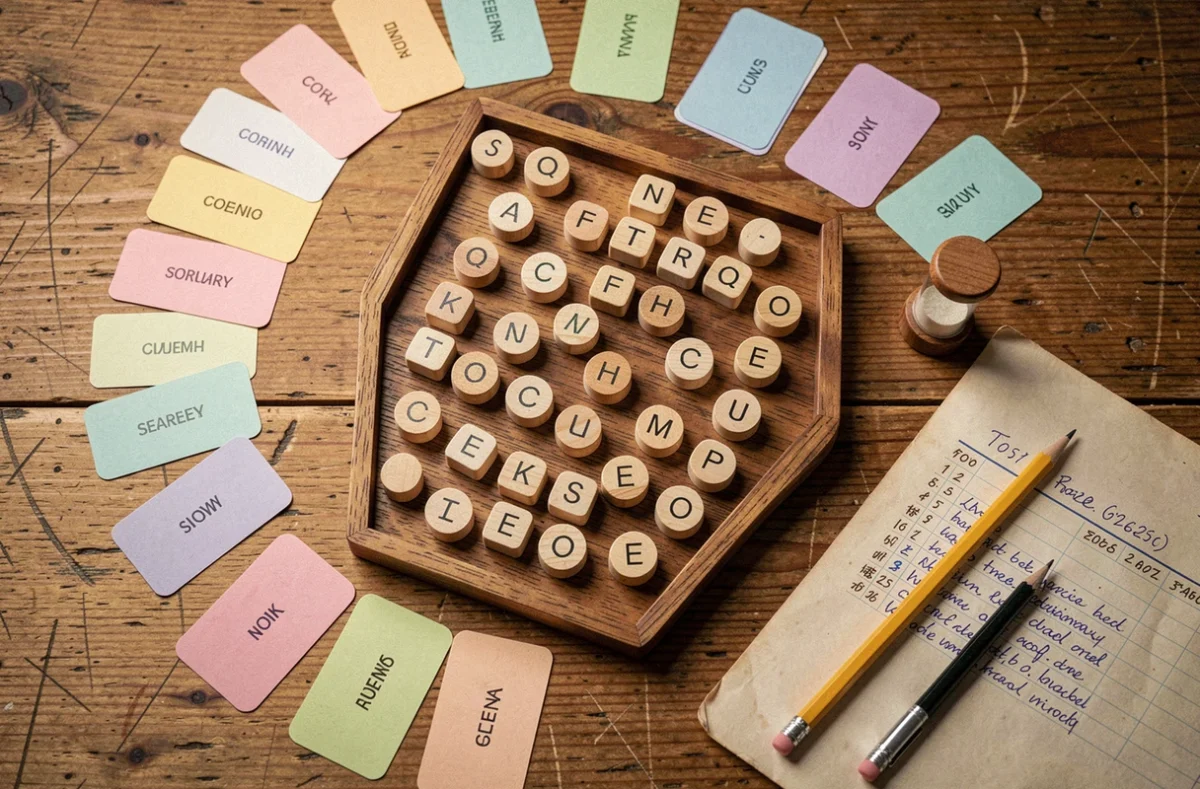 Vue aérienne détaillée d'un plateau de jeu sémantique avec des cartes colorées, des tuiles en bois, un sablier et une feuille de score manuscrite