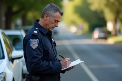 Policier en uniforme rédigeant une contravention de 5ème classe au bord d'une route suburbaine française