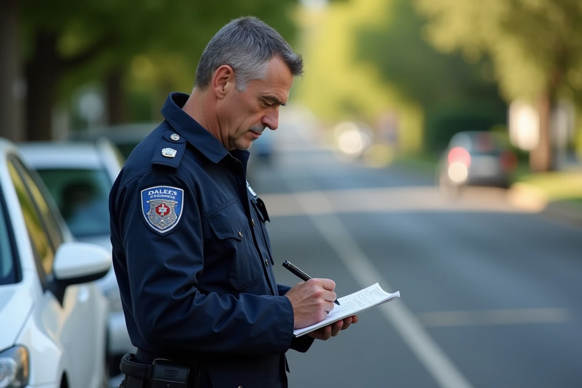 Policier en uniforme rédigeant une contravention de 5ème classe au bord d'une route suburbaine française