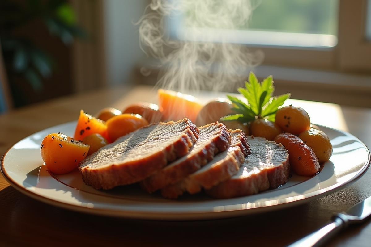 Tranches de rôti de porc avec légumes et pommes de terre