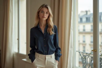 Portrait discret d'une jeune femme élégante dans un intérieur parisien classique, évoquant la sobriété et le raffinement