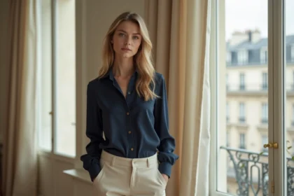 Portrait discret d'une jeune femme élégante dans un intérieur parisien classique, évoquant la sobriété et le raffinement