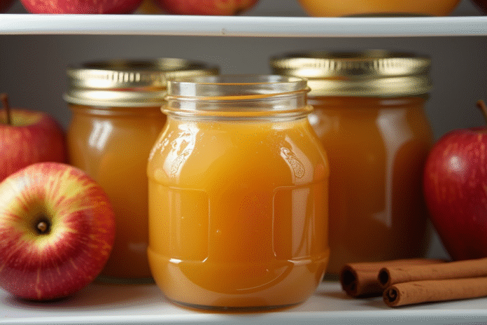 pots de compote maison dans le frigo avec pommes et cannelle