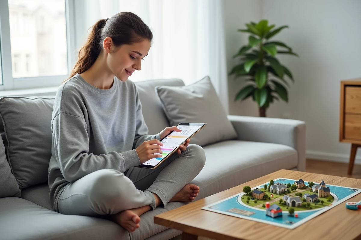 Femme préparant son compte Tycoon Club Monopoly sur tablette dans un salon scandinave