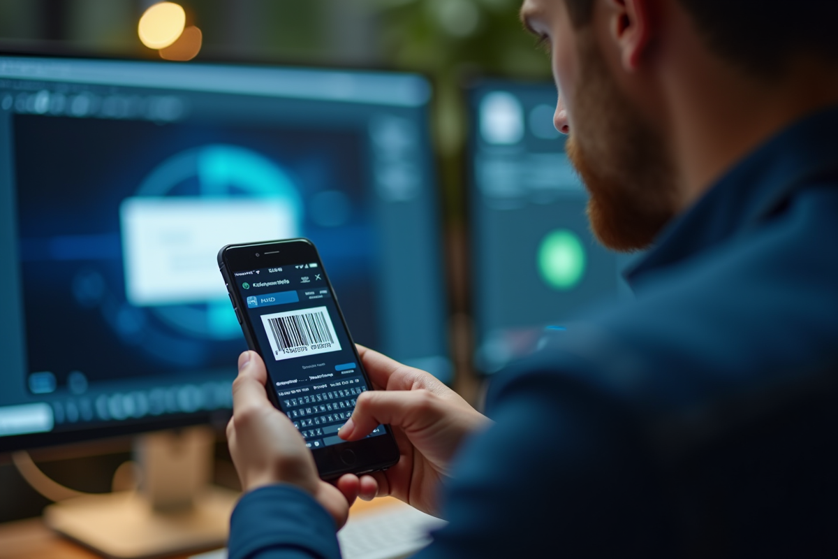 Vue rapprochee du smartphone capturant un code QR sur un écran d