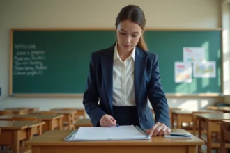 Professeure certifiée examinant des documents dans une salle de classe de lycée, illustrant la revalorisation salariale des enseignants en 2026