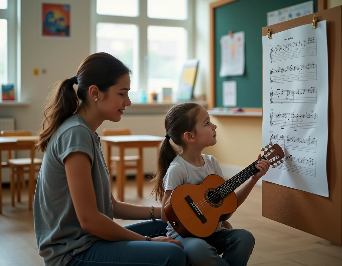 Professeure de musique et jeune élève étudiant une tablature guitare illustrée dans une salle de classe