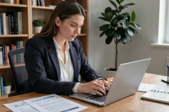 Jeune femme rédigeant une lettre de motivation pour un poste d'animateur sur son ordinateur portable