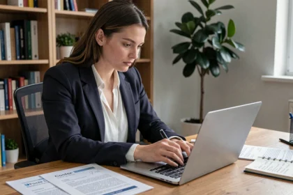 Jeune femme rédigeant une lettre de motivation pour un poste d'animateur sur son ordinateur portable