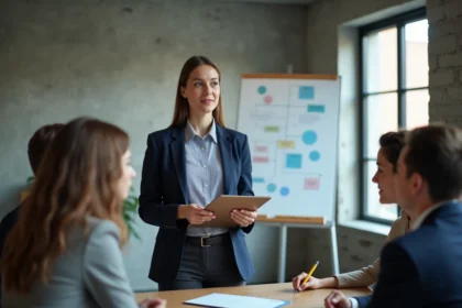 Femme responsable animant une réunion d'équipe dans un bureau moderne, illustrant l'évolution professionnelle vers un poste de direction