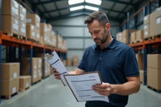 Responsable logistique consultant des devis avec conversions kg en tonnes dans un entrepôt industriel