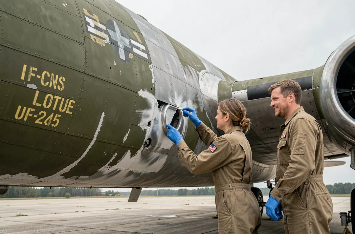 Restaurateurs travaillant sur le fuselage riveté d'un Boeing B-17F sur un tarmac, décapage et réparation de la peinture d'origine