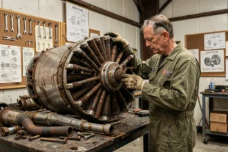 Technicien de restauration inspectant un moteur radial Wright Cyclone d'un Boeing B-17F dans un hangar industriel