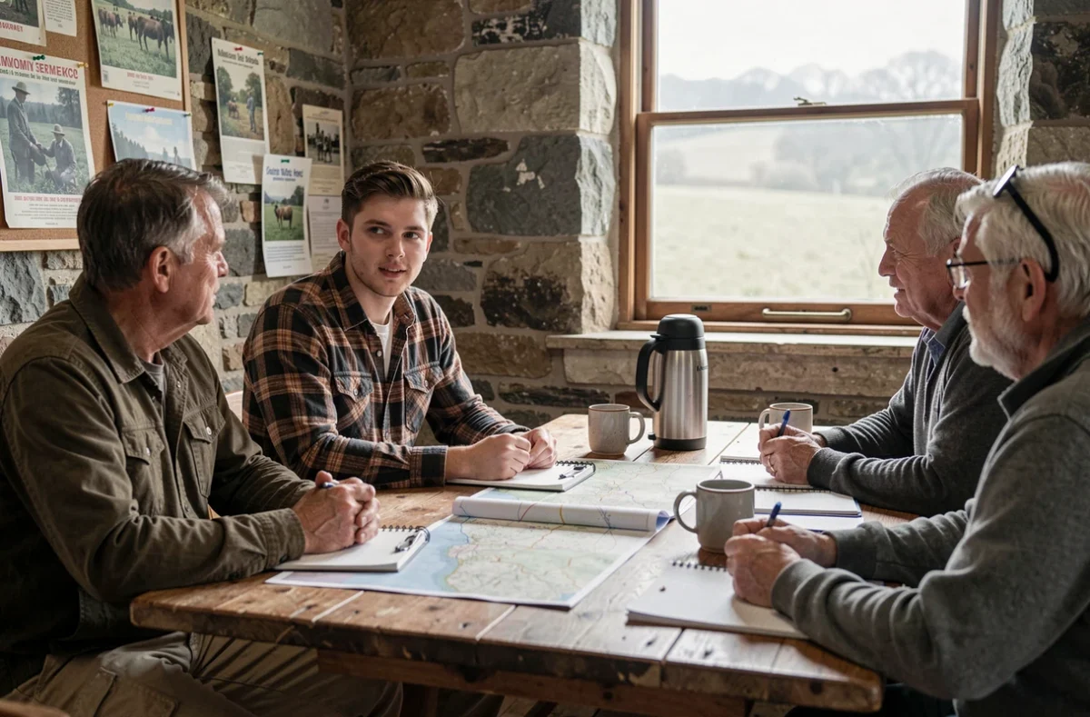 Réunion informelle d'agriculteurs dans une salle communautaire rurale, symbolisant l'entraide et l'agri convivial