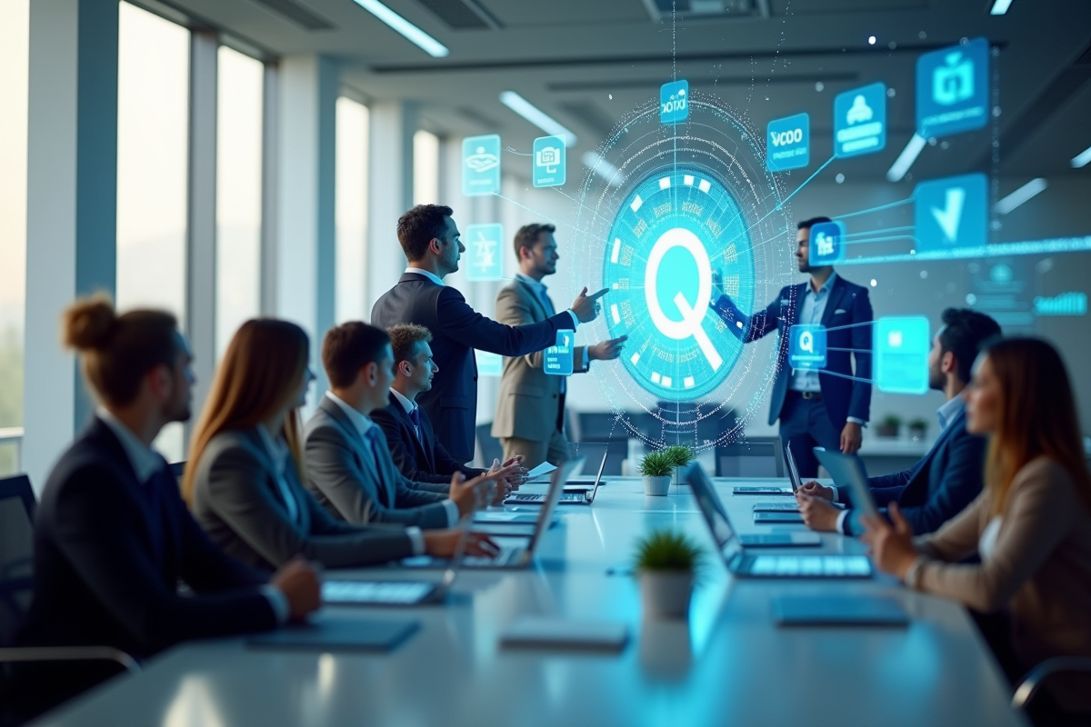 Professionnels interactifs avec technologie Q+ en réunion