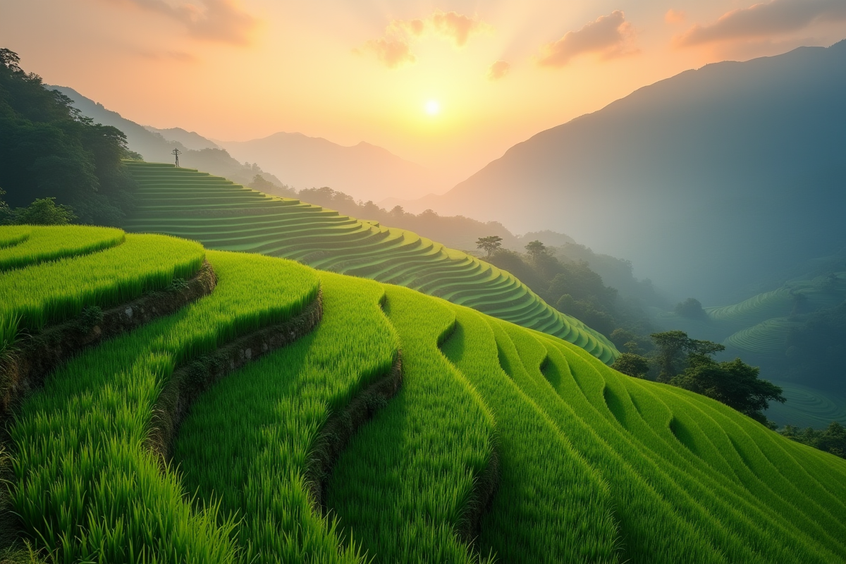 Rizières verdoyantes dans un paysage de montagne au lever du soleil