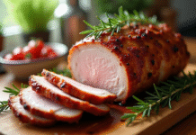 Rôti de porc doré et croustillant sorti du four avec romarin