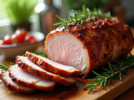 Rôti de porc doré et croustillant sorti du four avec romarin