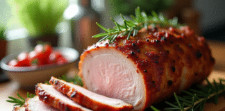 Rôti de porc doré et croustillant sorti du four avec romarin
