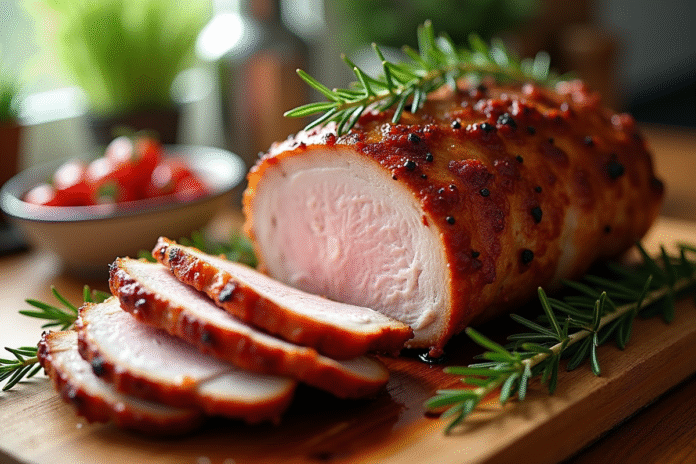 Rôti de porc doré et croustillant sorti du four avec romarin
