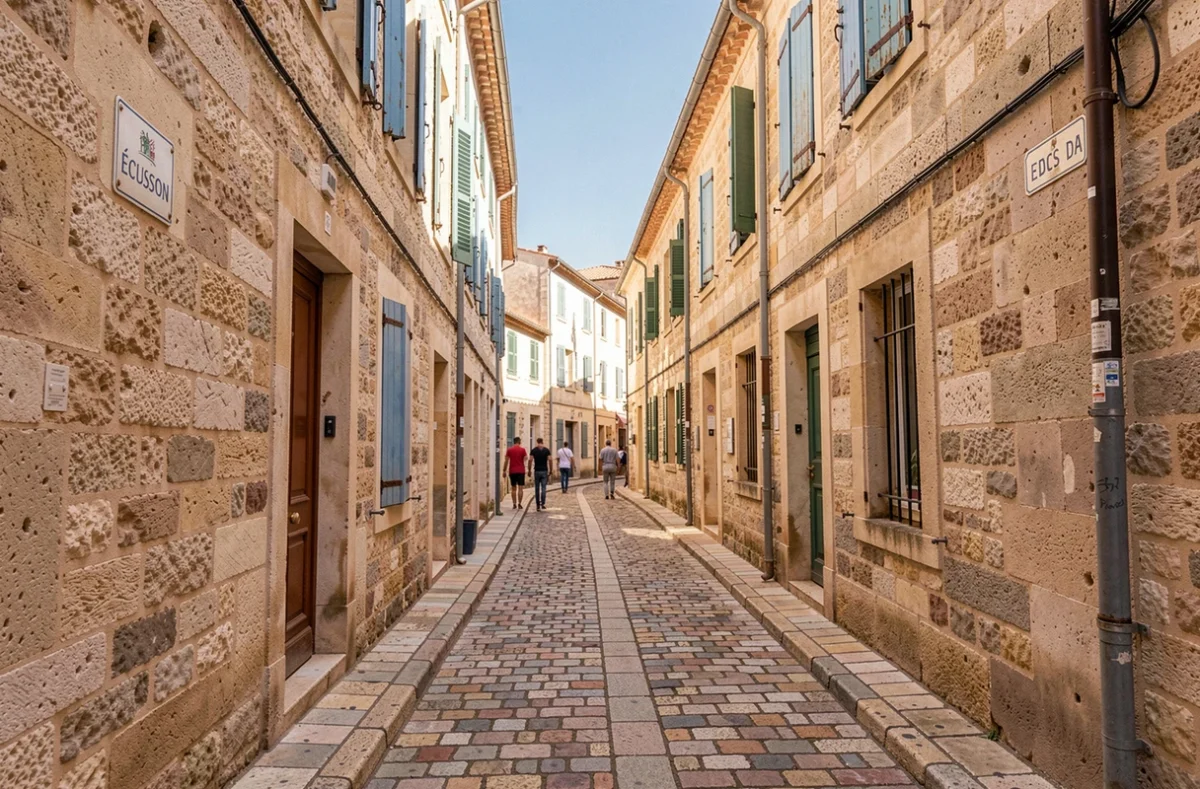 Ruelle pavée du quartier historique de Montpellier avec panneau de rue et bâtiments en pierre typiques