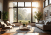 Salon moderne lumineux avec grande fenetre et mobilier élégant