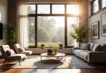 Salon moderne lumineux avec grande fenetre et mobilier élégant