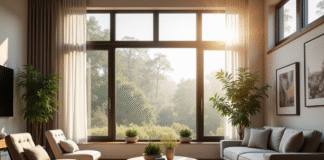 Salon moderne lumineux avec grande fenetre et mobilier élégant