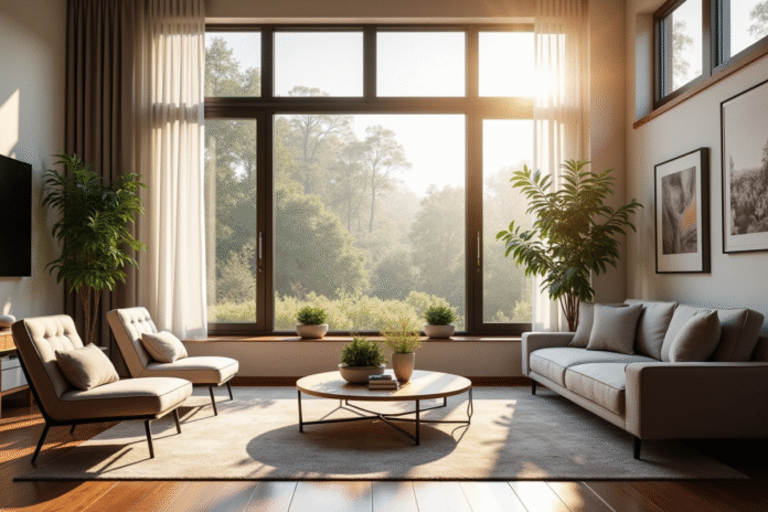 Salon moderne lumineux avec grande fenetre et mobilier élégant