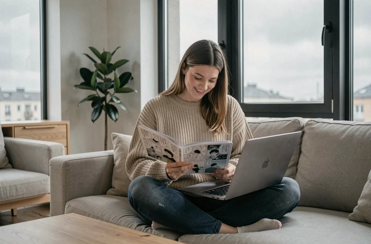 Jeune femme parcourant des scans de One Piece sur un ordinateur portable dans un salon moderne et minimaliste
