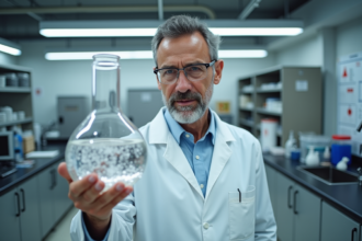 Scientifique en laboratoire manipulant un bécher avec hydrogène