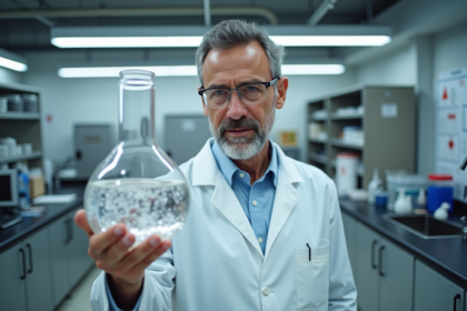 Scientifique en laboratoire manipulant un bécher avec hydrogène
