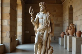Sculpture en marbre de Poséidon dans un musée méditerranéen, entourée de poteries grecques antiques et de frises sur des murs en grès
