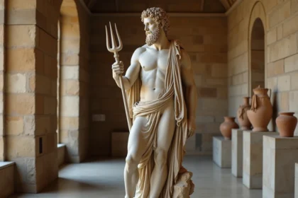 Sculpture en marbre de Poséidon dans un musée méditerranéen, entourée de poteries grecques antiques et de frises sur des murs en grès