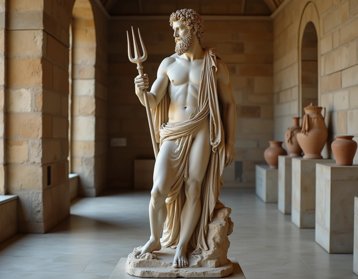 Sculpture en marbre de Poséidon dans un musée méditerranéen, entourée de poteries grecques antiques et de frises sur des murs en grès