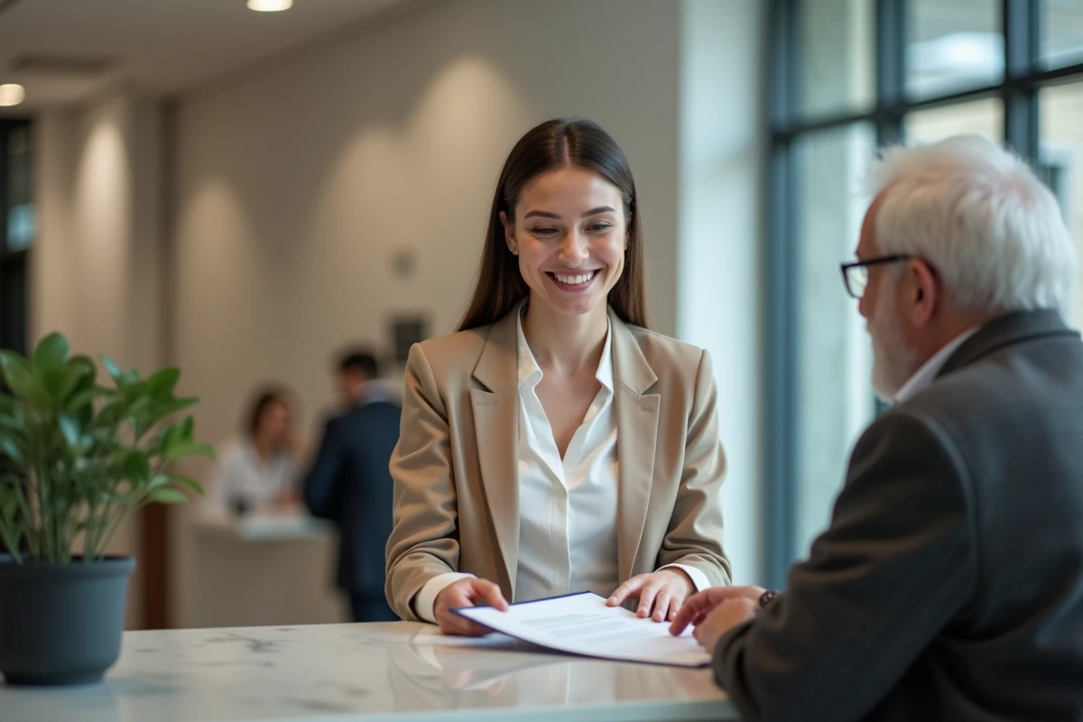 Femme notaire remet un document à un client dans un hall moderne