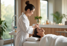 Spa détente avec femme recevant un soin visage