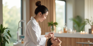 Spa détente avec femme recevant un soin visage