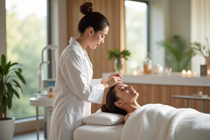 Spa détente avec femme recevant un soin visage