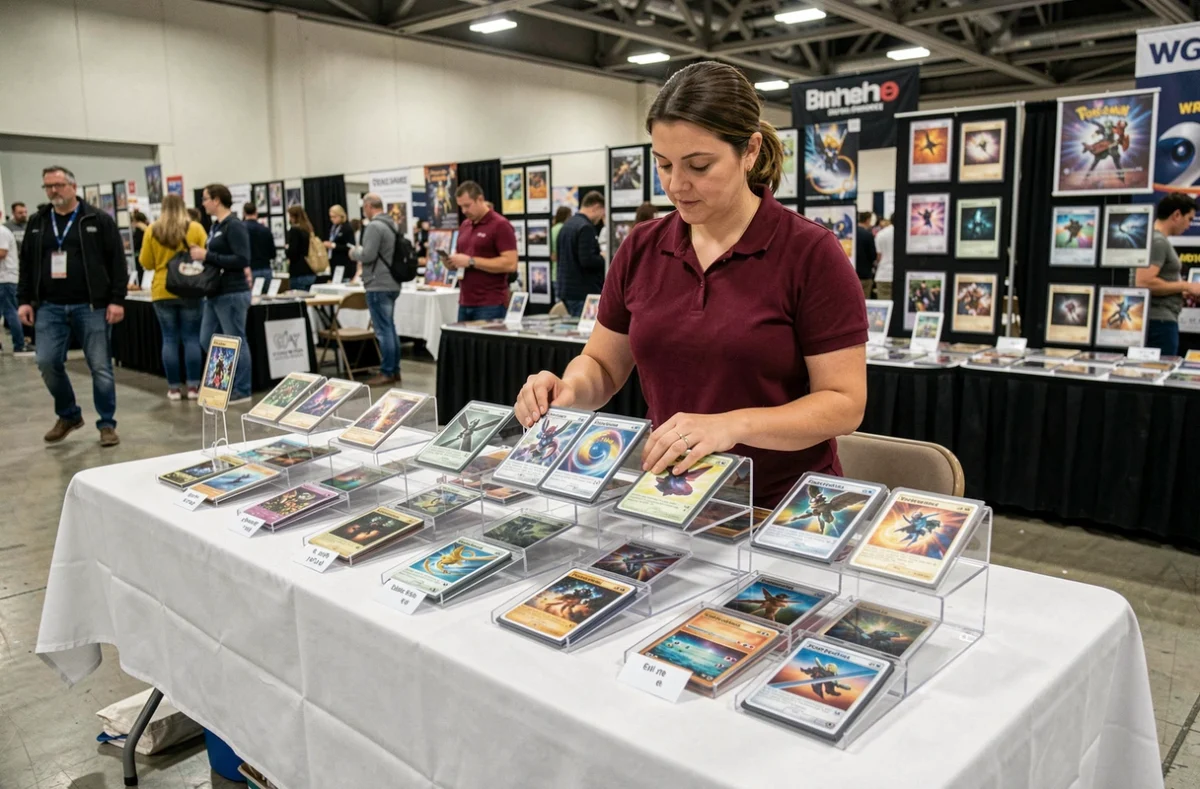 Stand de vente de cartes Pokémon gradées lors d'un salon de collection en 2026, avec cartes Foudre Noire et Flamme Blanche exposées