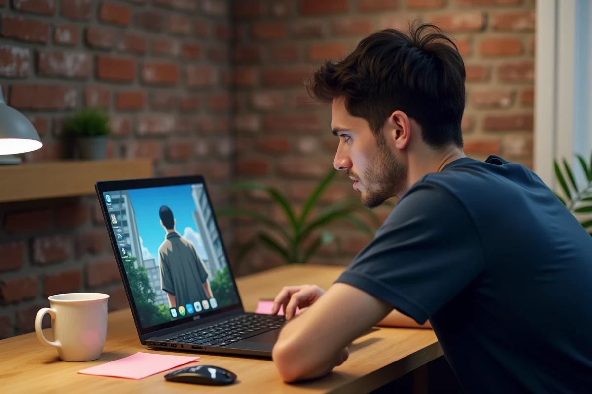 Homme regardant une série animée en streaming sur son ordinateur portable dans un bureau à domicile