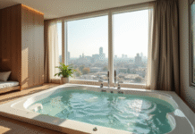 Suite d'hôtel moderne à Lyon avec jacuzzi privé vue urbaine