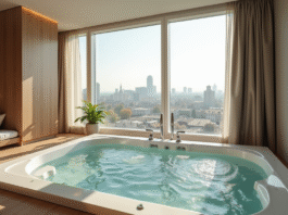Suite d'hôtel moderne à Lyon avec jacuzzi privé vue urbaine