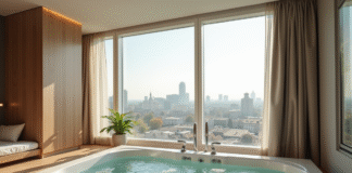 Suite d'hôtel moderne à Lyon avec jacuzzi privé vue urbaine