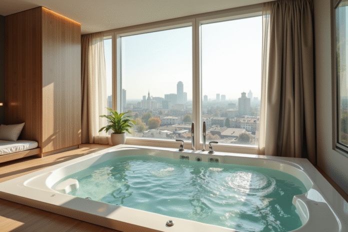 Suite d'hôtel moderne à Lyon avec jacuzzi privé vue urbaine